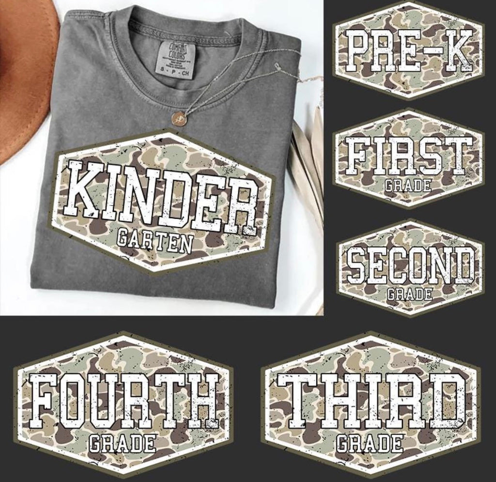 Camo Grade Level Tees: Gildan or rabbit skins- kinder through 8th eighth