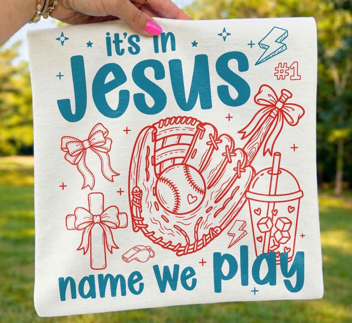 In Jesus name we play tee