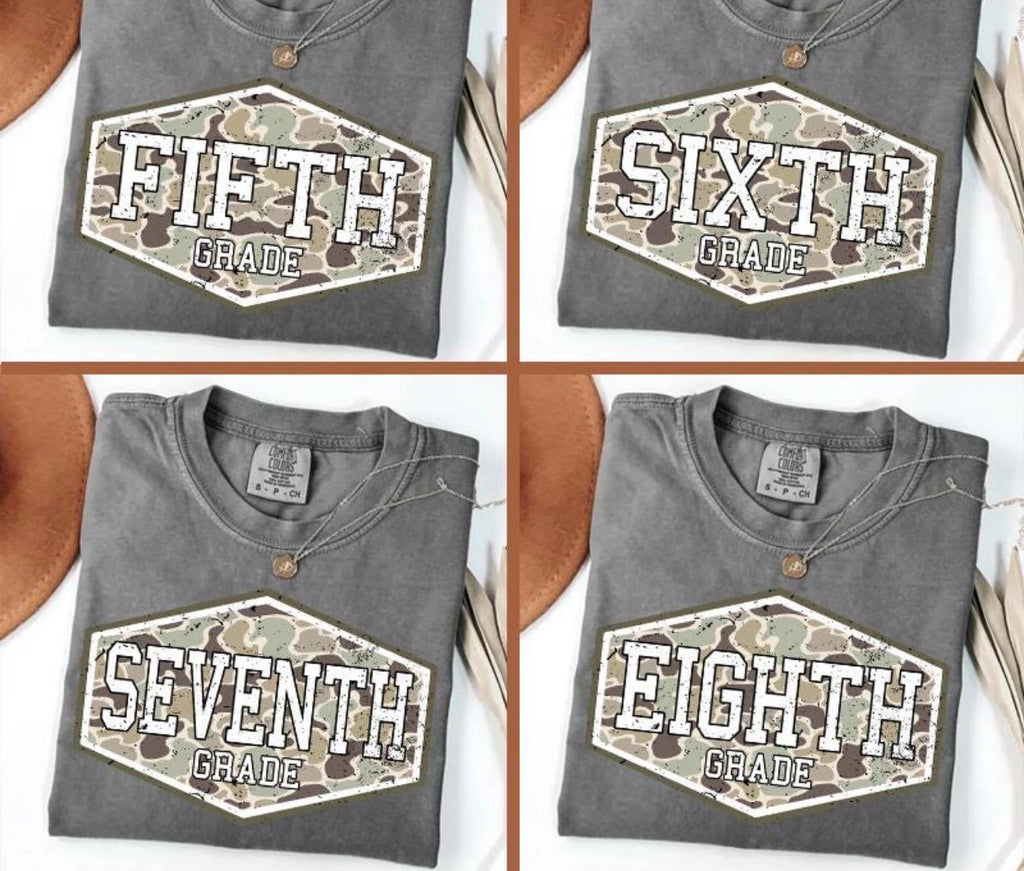 Camo Grade Level Tees: Gildan or rabbit skins- kinder through 8th eighth